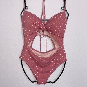 Shade & Shore Rose Microdots Twist Front Halter Cut Out One Piece Swimsuit 38D